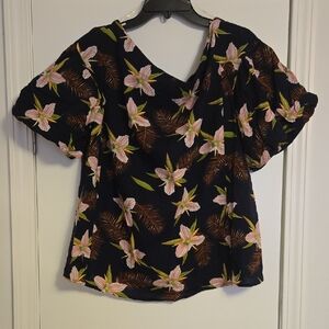 Umgee Black Floral Blouse with Pink and Green Accents